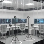 Clear vinyl industrial curtain enclosure separating a VR workstation with multiple monitors and tracking cameras