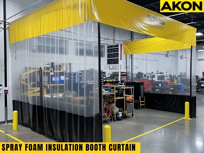 Clear vinyl spray foam insulation booth with yellow top valance used in a workshop for overspray control