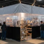 Clear vinyl vendor booth enclosure with black lower panels used to organize product displays at a busy craft fair