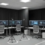 Compact VR training enclosure with black industrial curtains and multiple computer workstations