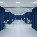 Emergency clinic setup with modular blue curtain walls creating private treatment zones in a large medical hall