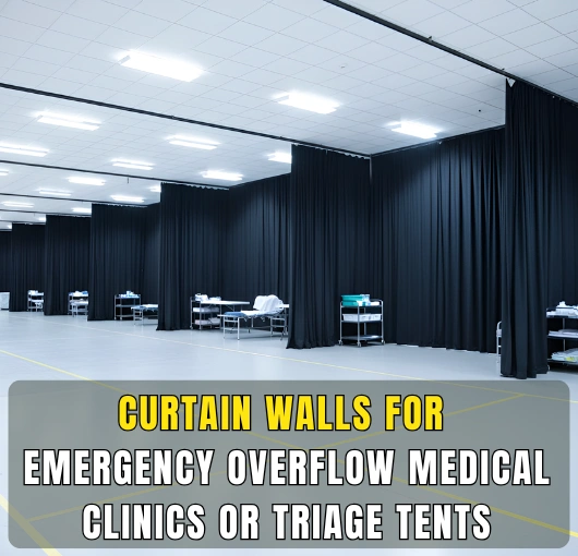 Emergency overflow medical setup with black curtain walls, dividing patient areas and enabling efficient triage operations