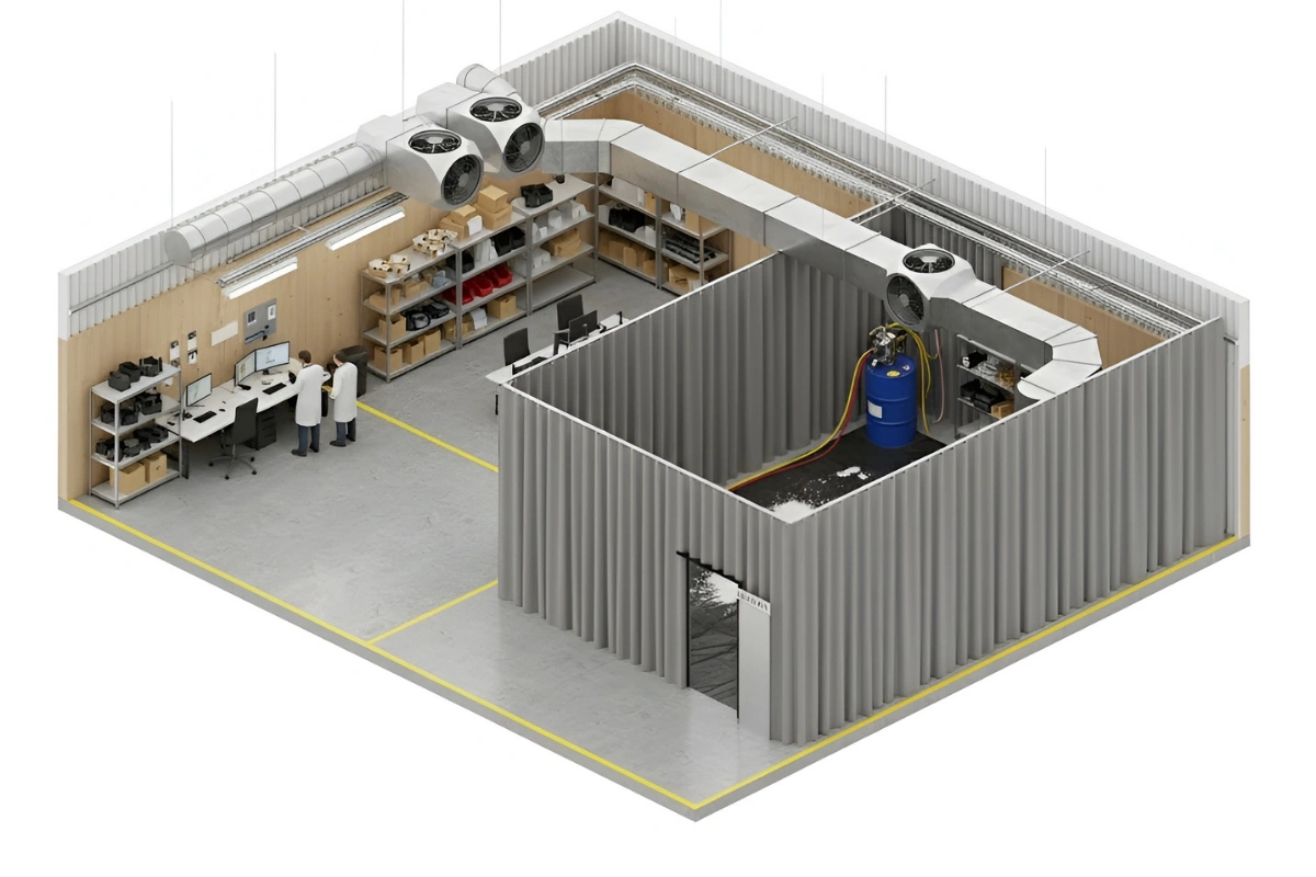 Enclosed workshop layout with a gray curtain-walled room, ventilation ducting, and a small lab area with technicians at workstations