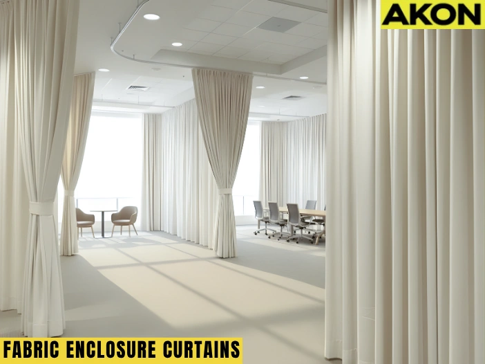 Fabric Enclosure Curtains creating flexible private zones in an office space for meetings and collaboration