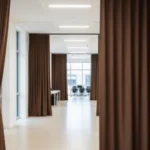 Fabric Hallway Divider Curtains in brown color, dividing a modern office space with smooth, professional separation