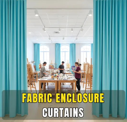 Fabric enclosure curtains installed in a creative art studio with painters working