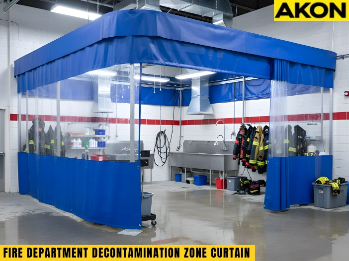 Fire station decontamination zone using a blue vinyl enclosure with clear panels for gear cleaning