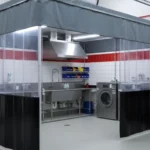 Fire station washdown zone enclosed with gray and black vinyl curtains featuring clear upper panels