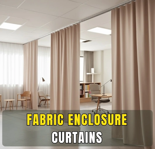 Flexible Poly Stretch Fabric Enclosure Curtains in an office environment, creating temporary meeting spaces and reducing noise