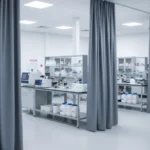 Gray UV-resistant lab curtains providing separation and protection for light-sensitive research processes