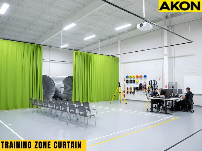 Green fabric training curtains creating an enclosed confined-space training zone inside an indoor safety training facility with chairs arranged for instruction