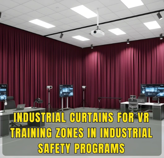 Industrial VR safety training facility featuring maroon curtain walls and virtual reality stations