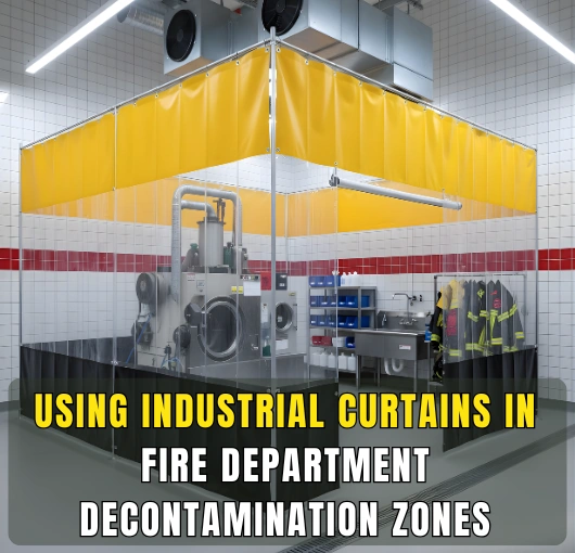 Industrial curtain enclosure used as a fire department decontamination zone with clear vinyl visibility panels