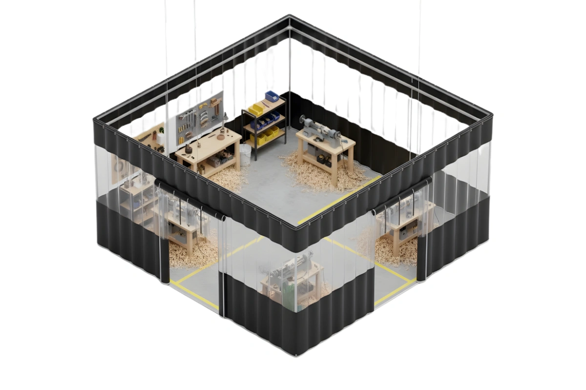 Isometric illustration of a modular clear-and-black curtain wall enclosure designed to contain wood chips around multiple woodturning stations