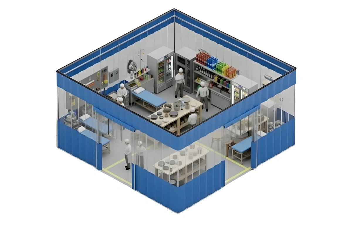 Isometric illustration of a modular curtain wall enclosure creating multiple secure rooms for medical, intake, and work areas inside a controlled facility