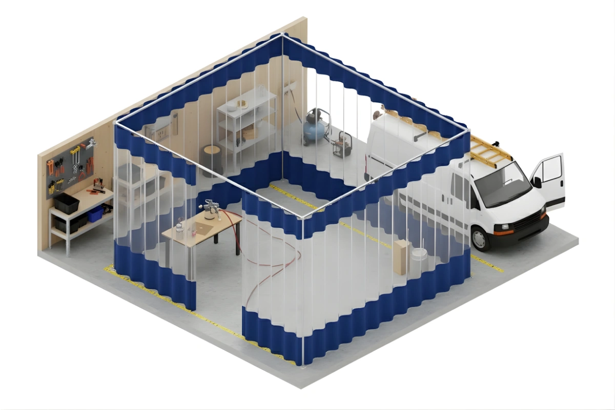 Isometric illustration of a spray foam booth using clear and blue vinyl panels to create a controlled work area in a garage
