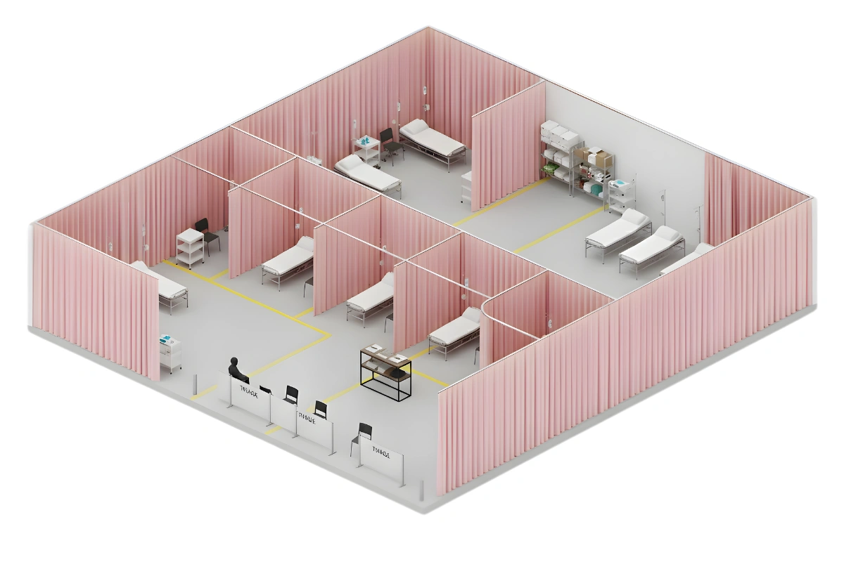 Isometric layout of a temporary triage clinic with pink modular curtain walls, showing individual patient treatment zones and optimized workflow