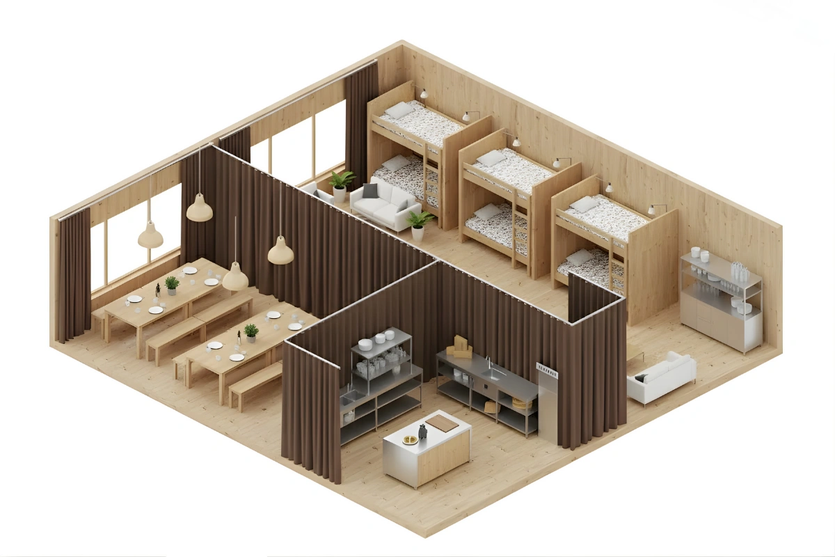 Isometric layout showing brown privacy curtains dividing a camp or retreat center into bunkhouse, dining, and kitchen areas