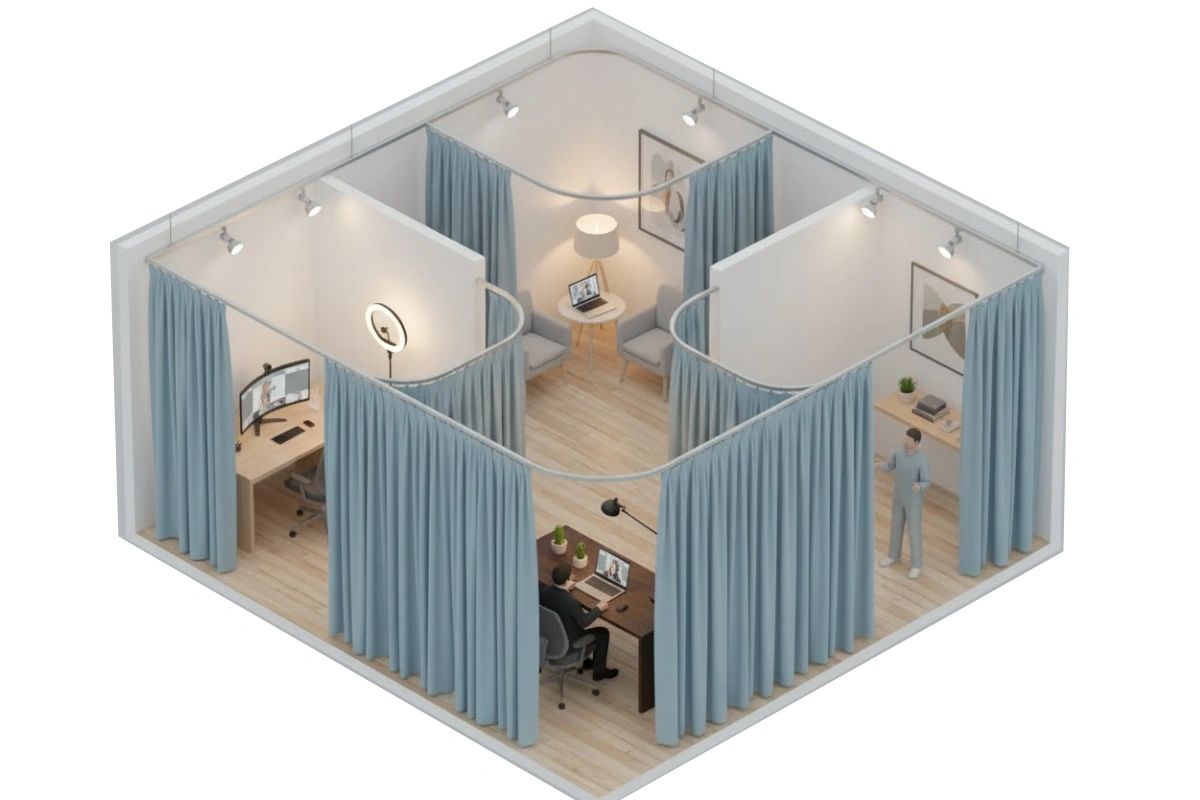 Isometric office layout showing blue privacy curtains dividing small video call workstations with desks, computers, lamps, and modern decor