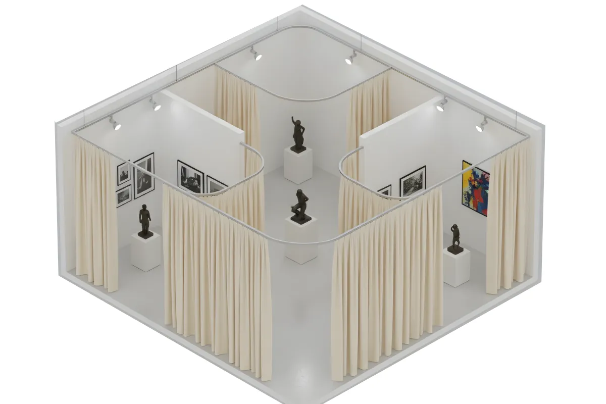 Isometric view of Museum Exhibit Divider Curtains creating curved pathways and enclosed display zones inside a modern art gallery
