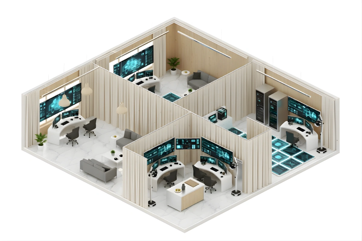 Isometric view of a VR training facility with modular curtain partitions creating separate simulation zones, each equipped with multiple digital screens and control desks