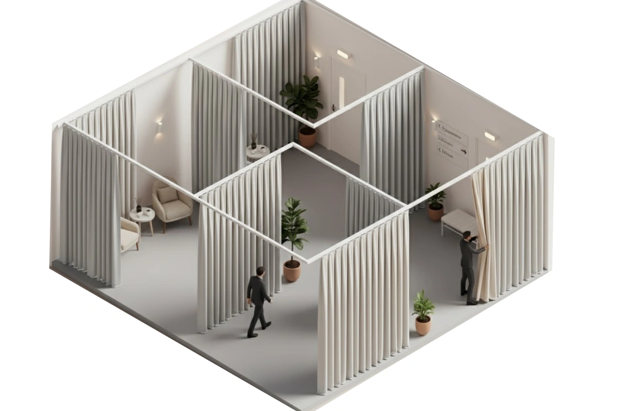 Isometric view of a consultation and waiting area with light gray fabric divider curtains creating semi-private lounge sections decorated with chairs and indoor plants