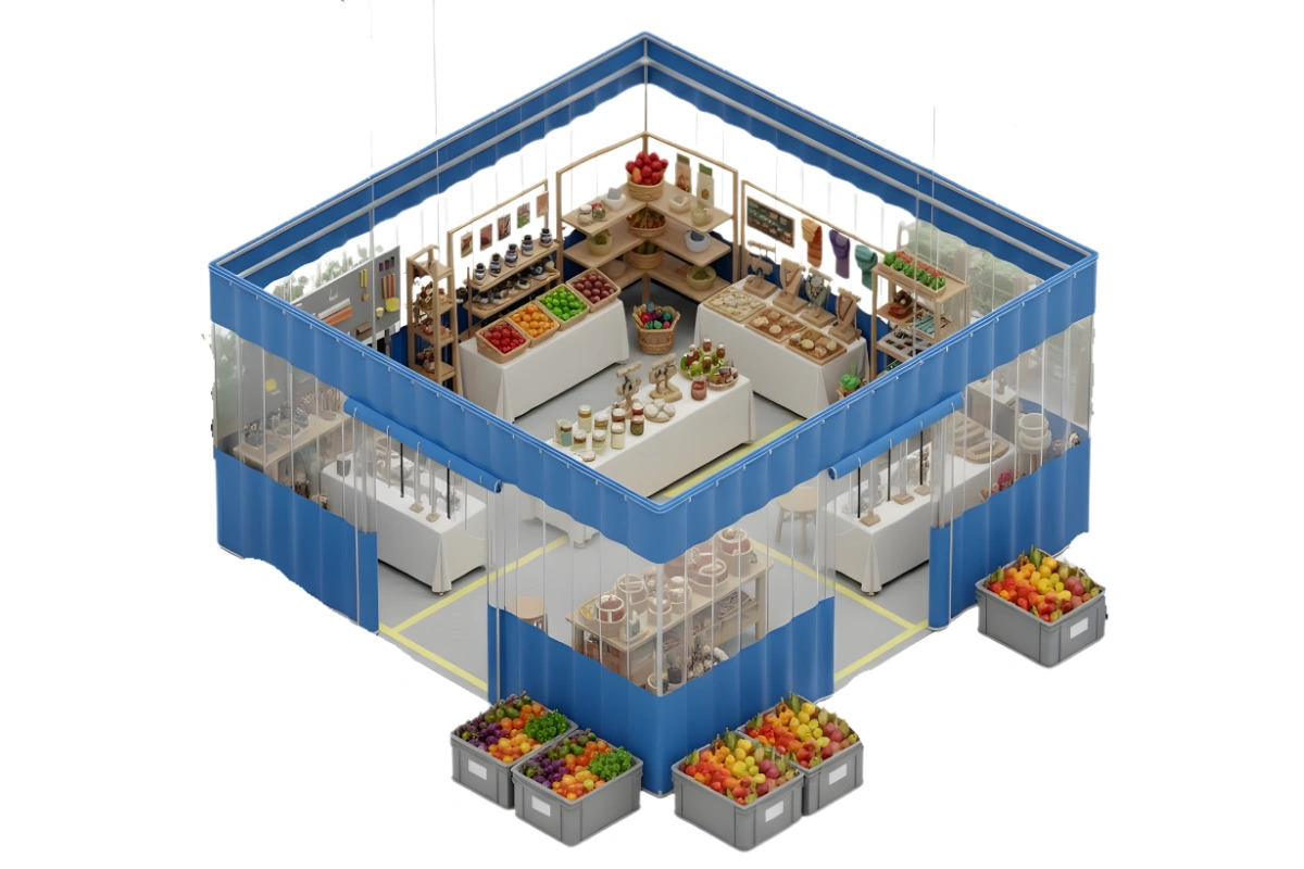 Isometric view of a farmers market booth enclosed with blue clear-vinyl curtain walls, showing organized produce, crafts, and handmade goods inside a clean, structured vendor setup