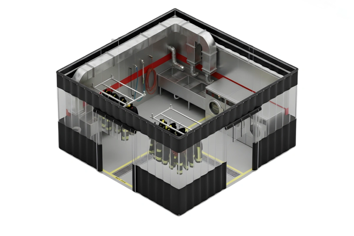 Isometric view of a fire station decontamination zone enclosed with clear and black vinyl curtains, showing turnout gear racks, washdown equipment, and ventilation systems