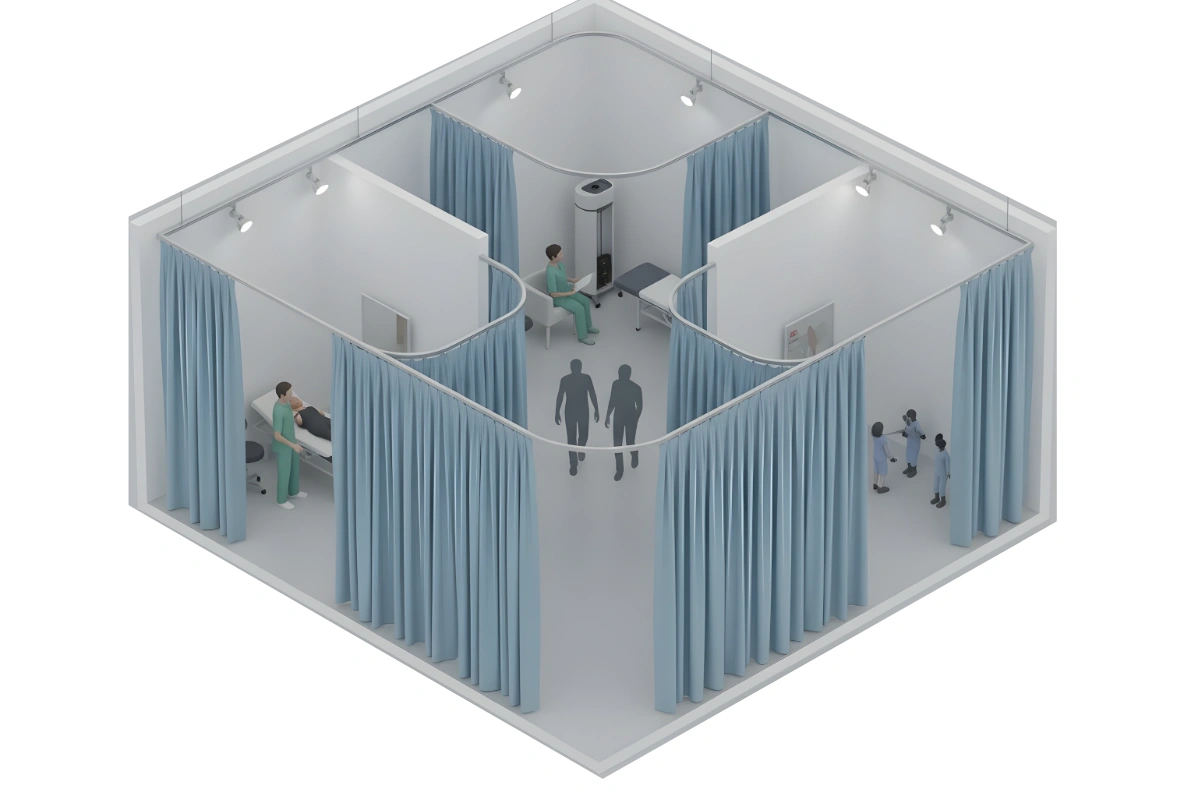 Isometric view of a medical facility with blue privacy curtains forming multiple patient areas, showing healthcare workers attending to patients in examination cubicles