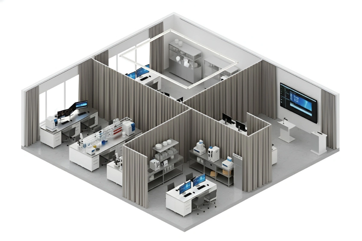 Isometric view of a research laboratory divided by gray UV-blocking curtain walls, illustrating a modular UV isolation curtain lab setup for light-sensitive material handling