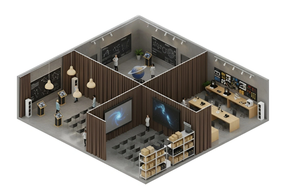 Isometric view of a science museum and planetarium using brown curtain walls to divide classrooms, labs, and projection areas for light and sound control