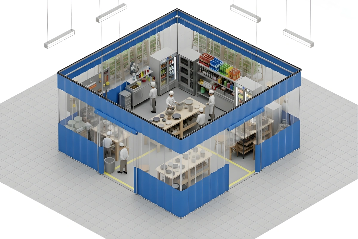 Isometric view of a stadium concession stand enclosed with blue and clear industrial vinyl curtains, showing staff preparing food and organizing supplies inside a fully separated workspace