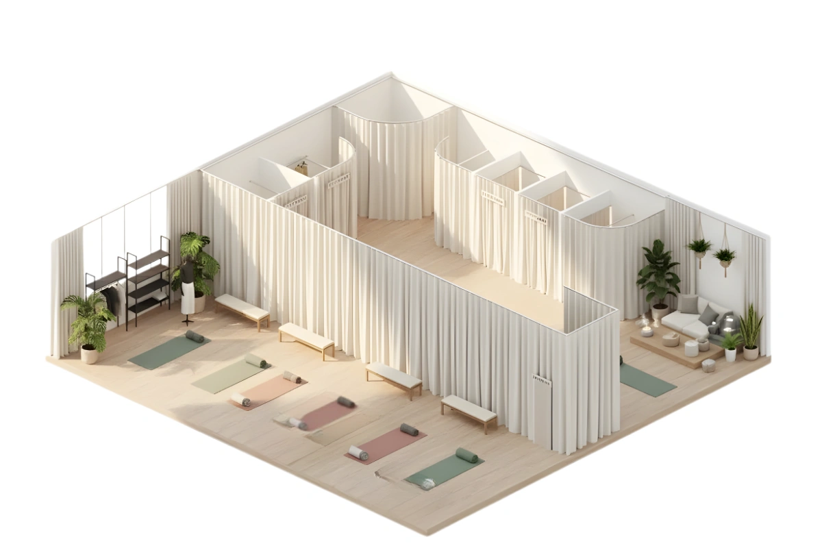 Isometric view of a yoga and wellness studio with fabric divider curtains creating private zones, featuring soft beige tones, yoga mats, benches, and indoor plants