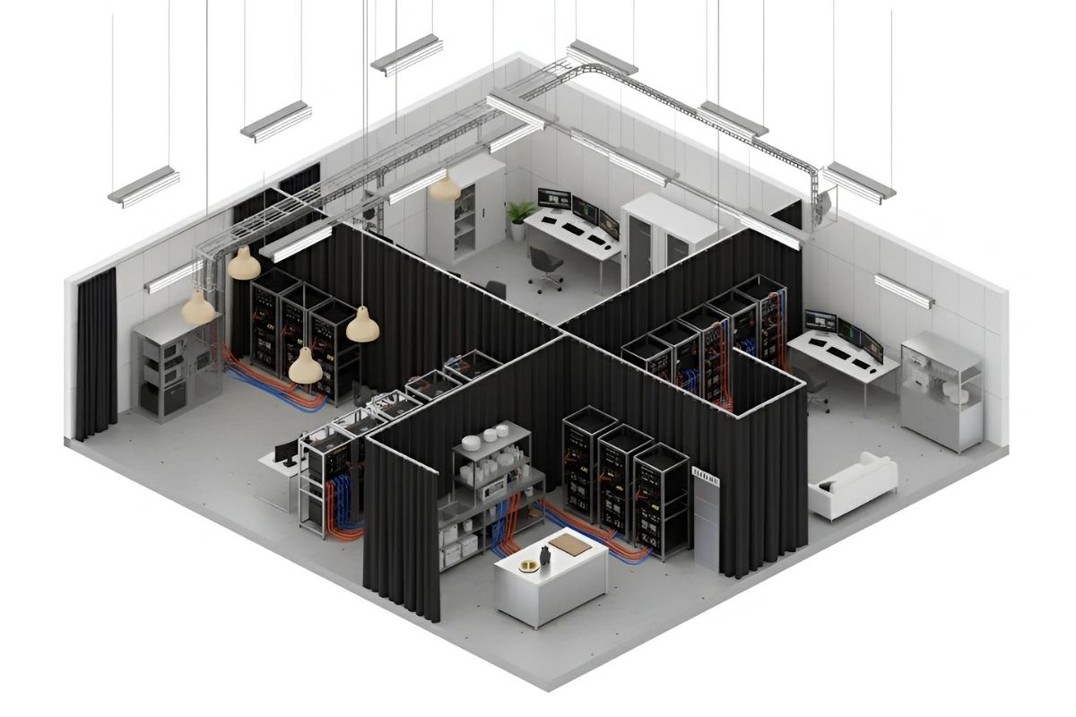 Isometric view of an EV battery-testing lab with modular curtain partitions creating multiple controlled testing zones around equipment racks and workstations