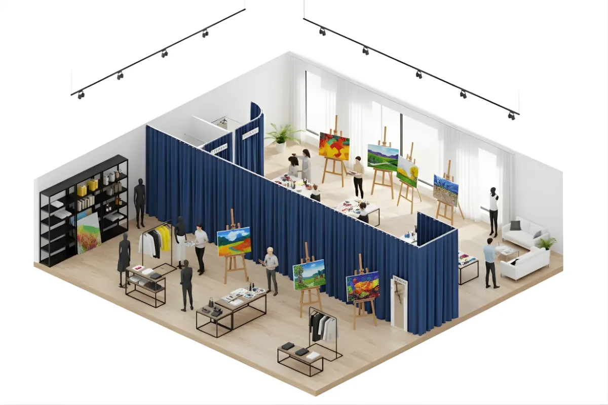 Isometric view of an art studio using blue divider curtains to create separate painting zones and flexible work areas for artists