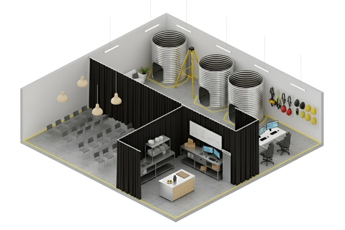 Isometric view of an indoor confined-space training facility featuring black training curtains dividing simulation zones, metal entry cylinders for drills, a classroom seating area, and an instructor workstation