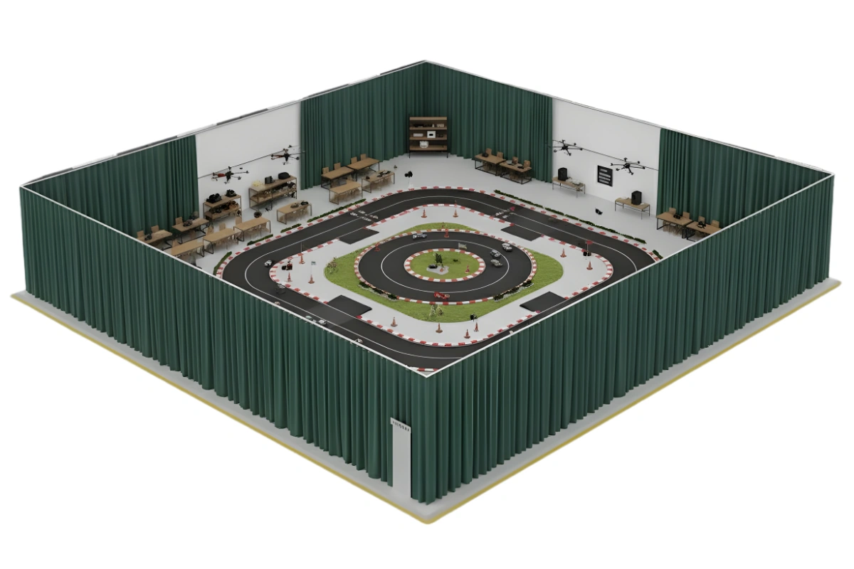 Isometric view of modular RCdrone course with green curtains – “Isometric view of indoor RC and drone course surrounded by green modular curtain walls, showing full track layout, tables, and drone setup areas
