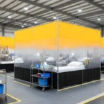 Large emergency clinic with modular yellow and clear curtain walls creating individual patient cubicles in a warehouse setup