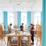 Light blue curtains enclosing a group of artists painting in a well-lit studio