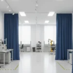 Light-colored Fabric Enclosure Curtains creating partitioned spaces for focus and privacy in a quiet office