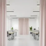 Light pink Fabric Hallway Divider Curtains in a spacious office, offering stylish and functional division between work areas