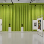 Lime green Museum Exhibit Divider Curtains creating a vivid backdrop for framed artwork in a contemporary museum