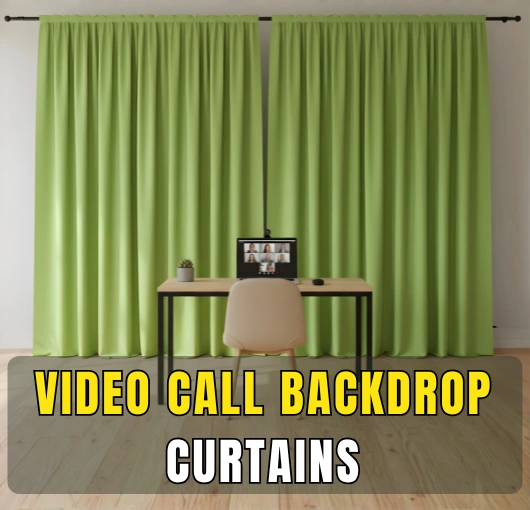 Lime green fabric hallway divider curtain used as a video call backdrop, with desk and laptop in fronts
