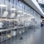 Long row of clear vinyl strip curtains separating concession prep areas from customer lines in a stadium environment