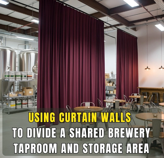 Maroon curtain wall dividing shared brewery taproom and storage area for flexible space management