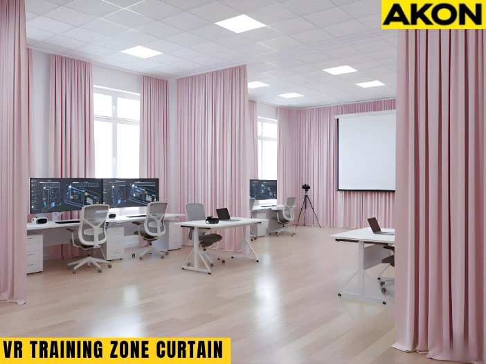 Modern VR training room with pink industrial curtains creating individual simulation zones