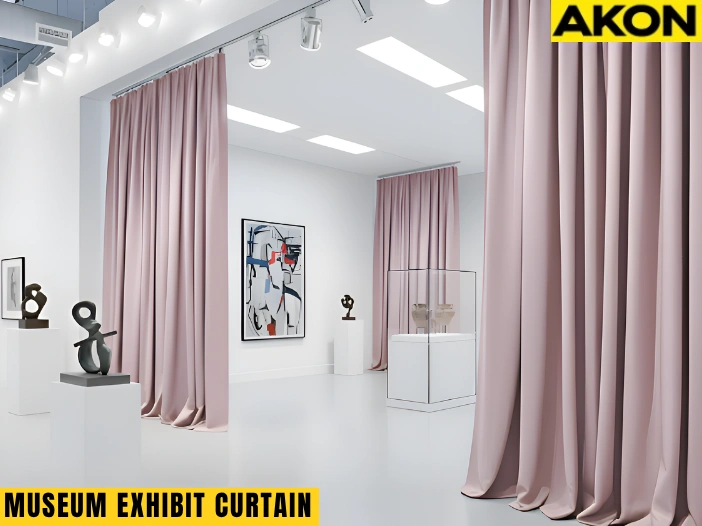 Museum Exhibit Divider Curtains in a modern art gallery separating sculptures and wall displays with soft blush fabric