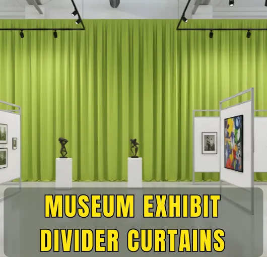 Museum Exhibit Divider Curtains featured in a modern art gallery with vibrant green backdrop and sculptures on display