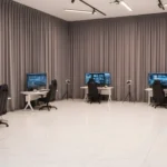 Professional VR training zone using gray fabric industrial curtains for privacy and sound control