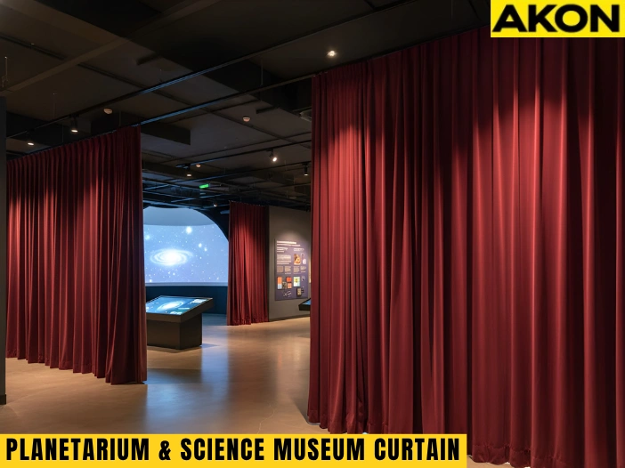 Red acoustic curtain walls inside a planetarium exhibit hall, helping control lighting and echo for immersive space presentations